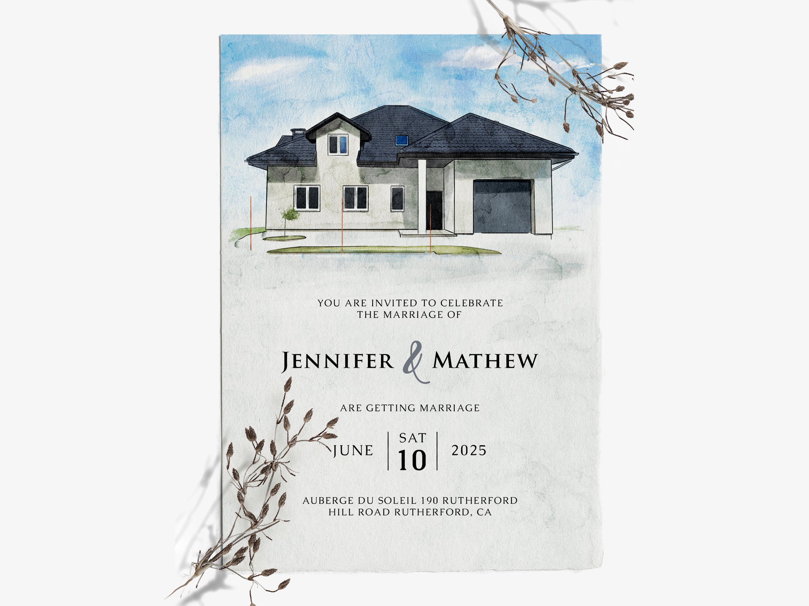 Wedding invitation card with house illustration and text details