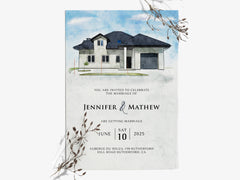 Wedding invitation card with house illustration and text details