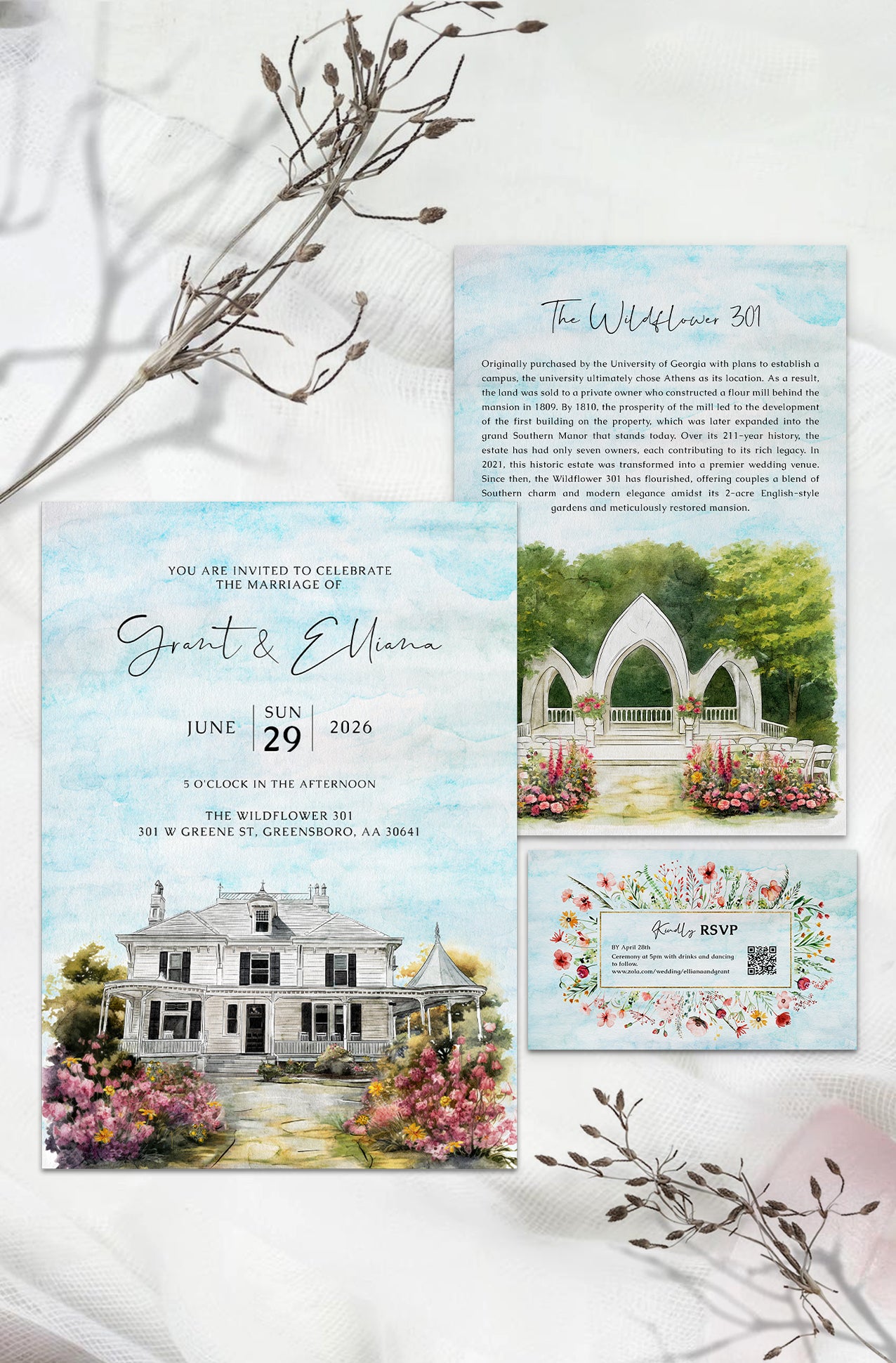 Wedding invitation set with house illustration, floral design, and ceremony location image.